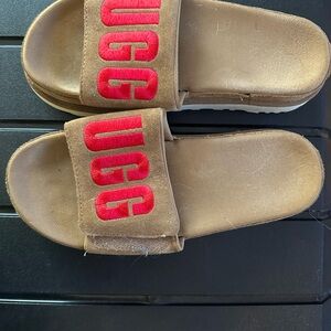 UGG Kids Brown Slide Sandals with Red Logo